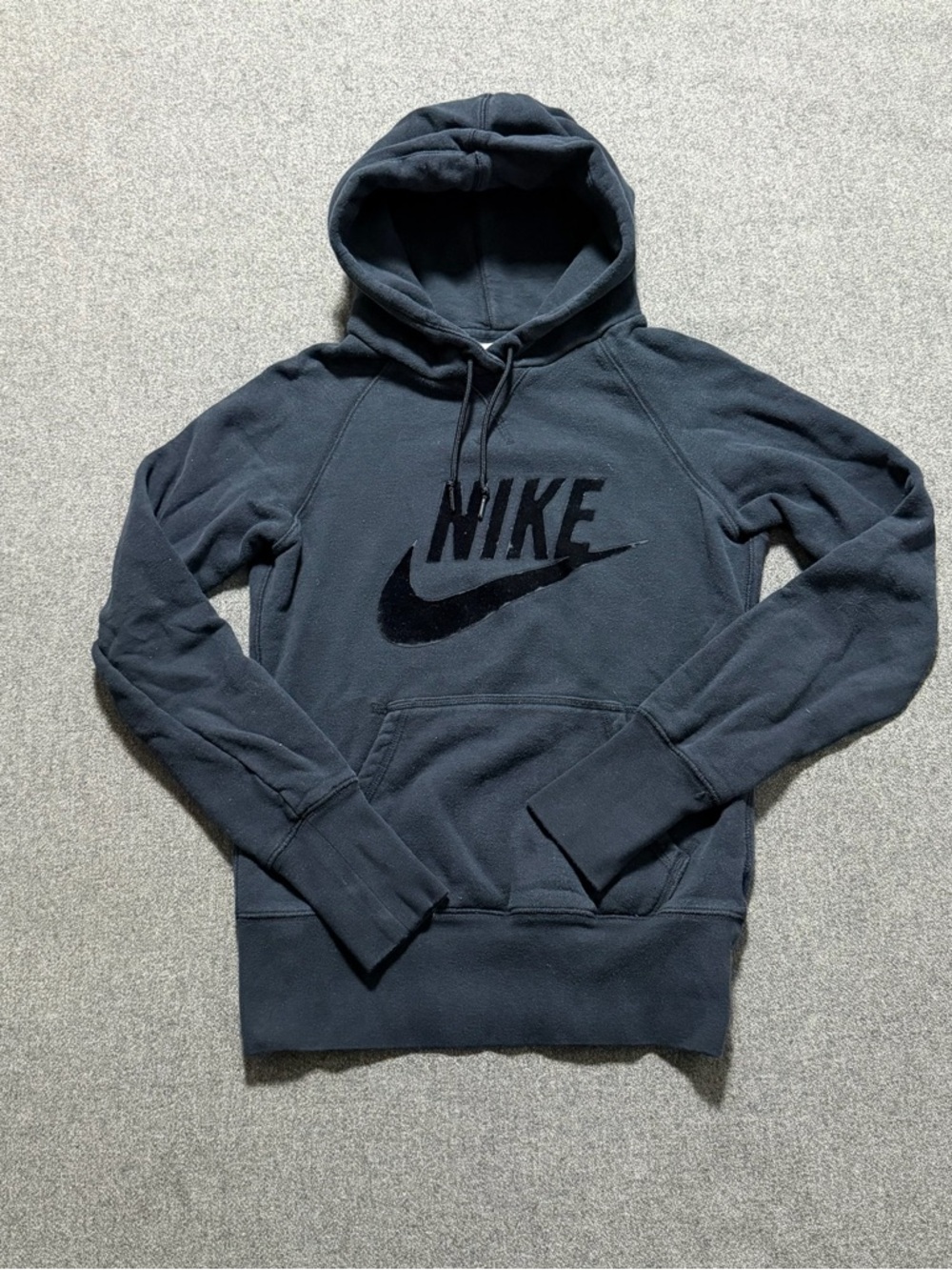 2000s Nike Sportswear Logo Hoodie Sweatshirt Womens XS Black On Black Faded